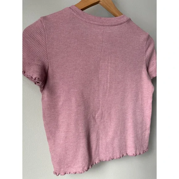 American Eagle Dusty Rose Pink Ribbed Henley Cropped T Shirt Lettuce Hem XS - Picture 7 of 10